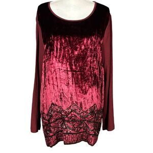 Ulla Popken Tunic Plus Size 20/22 Crushed Velvet Burgundy Beaded Glam Elegant